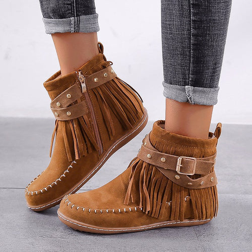 Damen nan Fransen-Mokassin-Stiefelette mit Ziergurt, Schnalle und weicher Gummisohle EB