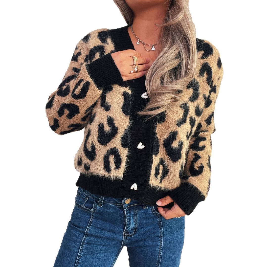 Damen oversized Strickjacke mit tierischem Leopardenmuster und knöpfbarem Design EB