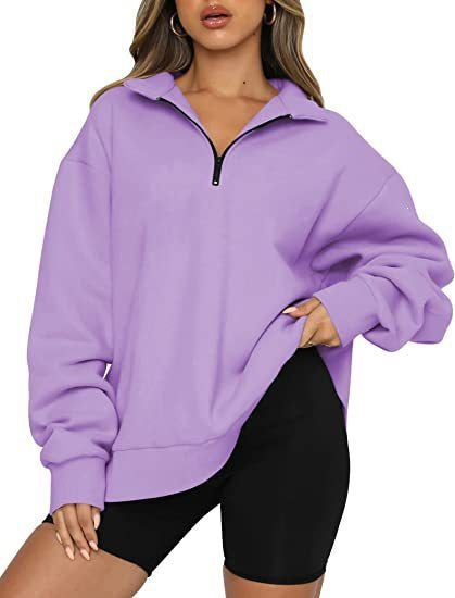 Damen nan oversized Sweatshirt mit halbem Reißverschluss, weichem Fleece-Innenfutter und Kängurutasche EB