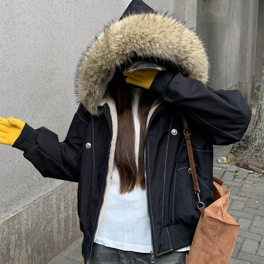 Damen gefütterte Winterjacke mit abnehmbarem Kunstfellkragen und großen Taschen EB