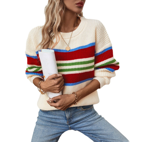 Damen lockerer Strickpullover mit buntem Blockstreifen und Rundhalsausschnitt EB