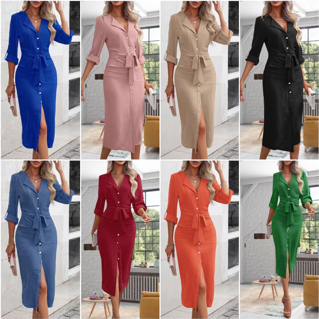 Damen Hemdblusenkleid mit Taillengürtel, Umschlagärmeln und vorderem Schlitz EB