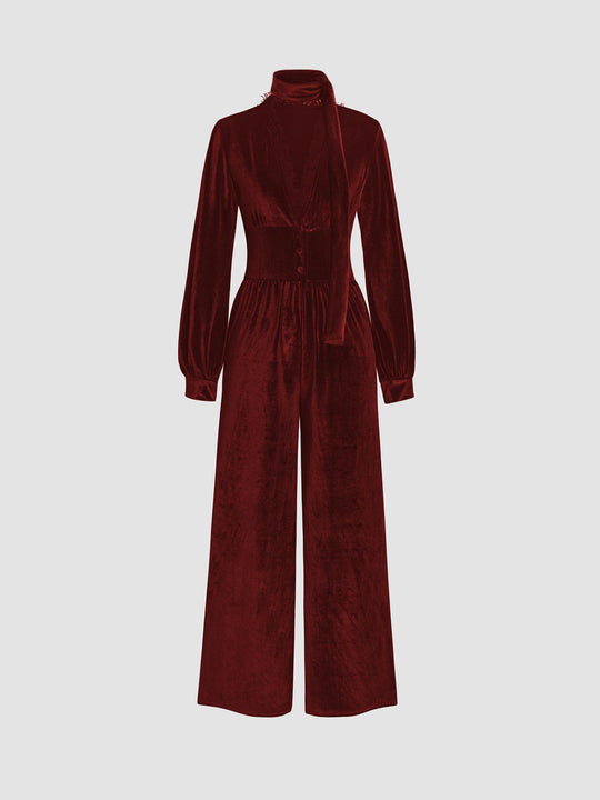 Damen eleganter Samt-Jumpsuit mit schickem Kragen und weitem Bein EB