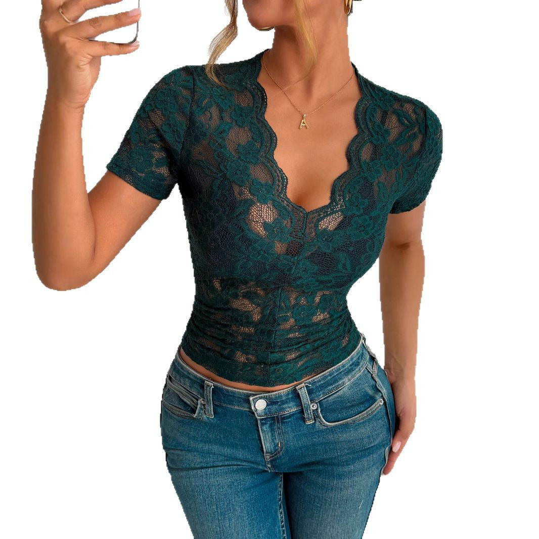 Damen Kurzarmspitzenoberteil mit romantischem Rundhalsausschnitt und figurformendem Design EB