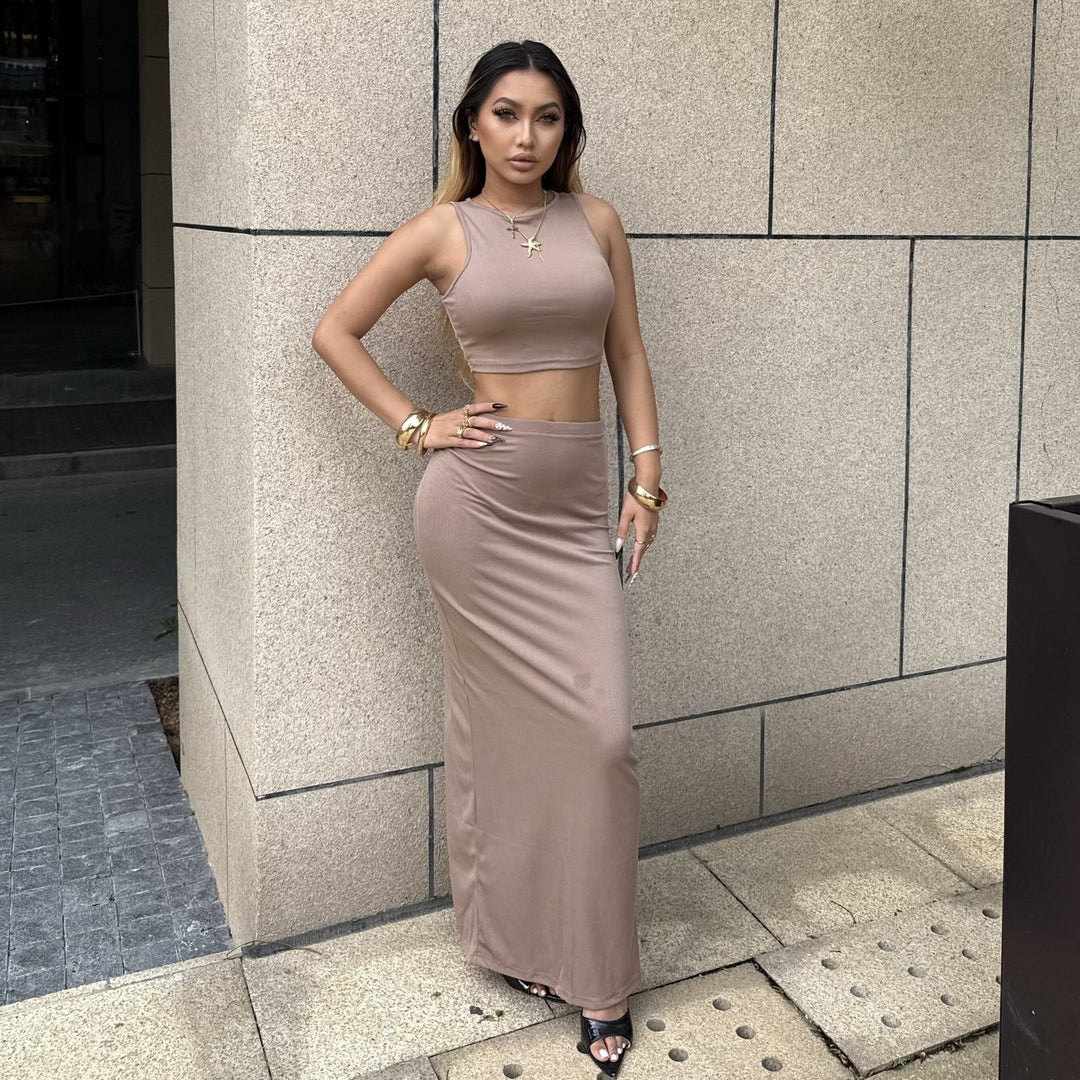 Damen Elegantes und figurbetontes Halbarm-Top mit hohem Schnitt und passendem Rock EB