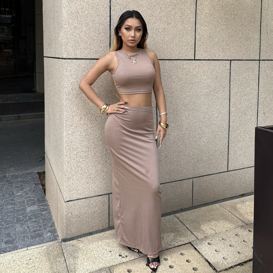 Damen Elegantes und figurbetontes Halbarm-Top mit hohem Schnitt und passendem Rock EB