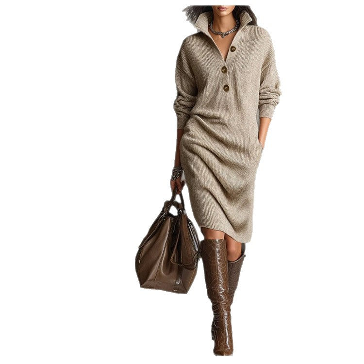 Damen nan gestricktes Pulloverkleid mit Polokragen, Eingrifftaschen und lässiger Passform EB