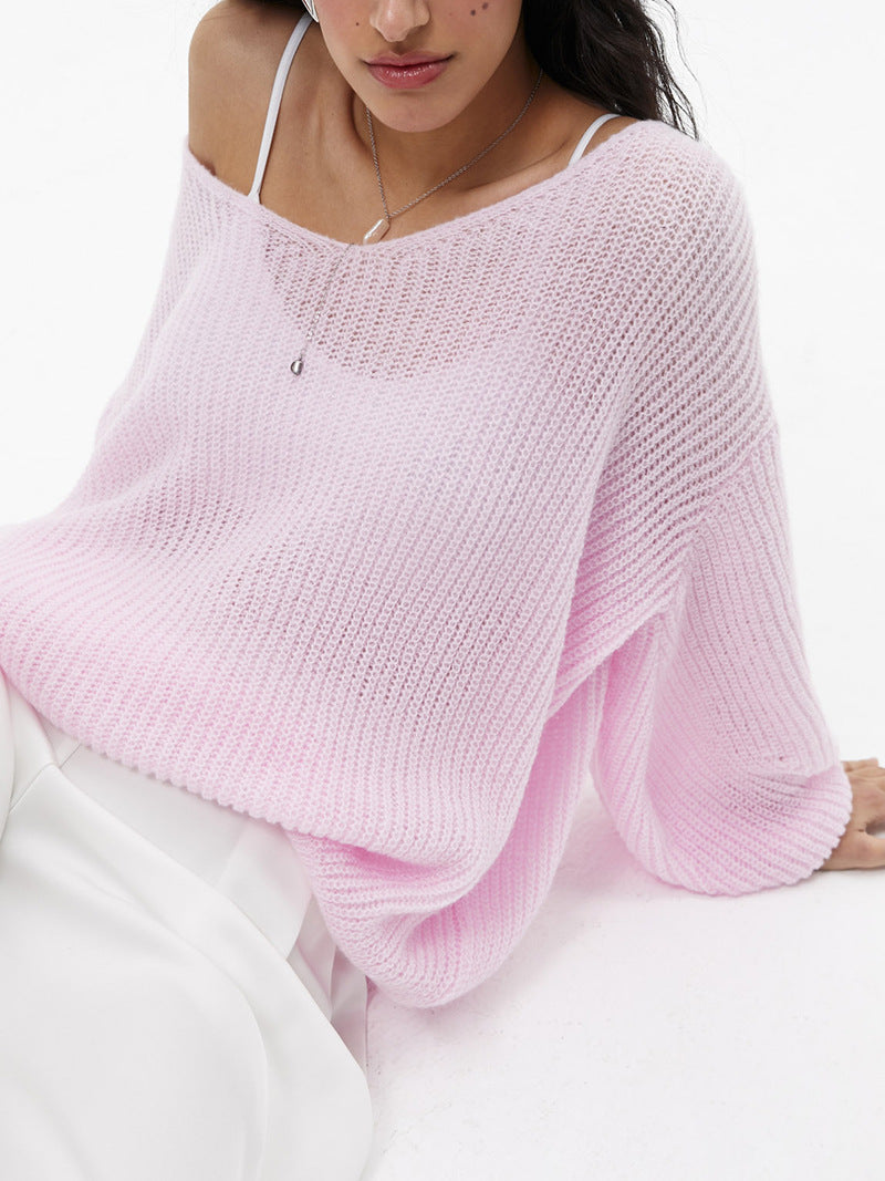 Damen lässiger Strickpullover mit weiten Ärmeln und tiefem V-Ausschnitt EB