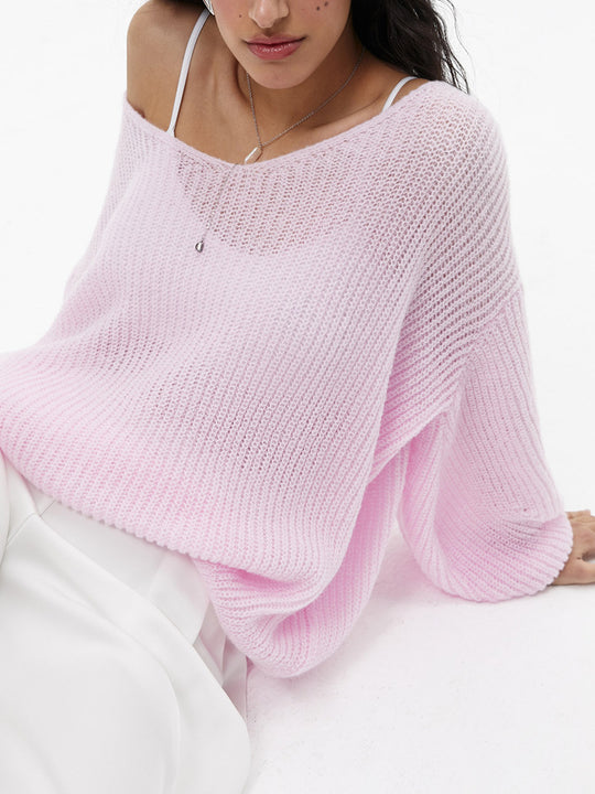 Damen lässiger Strickpullover mit weiten Ärmeln und tiefem V-Ausschnitt EB