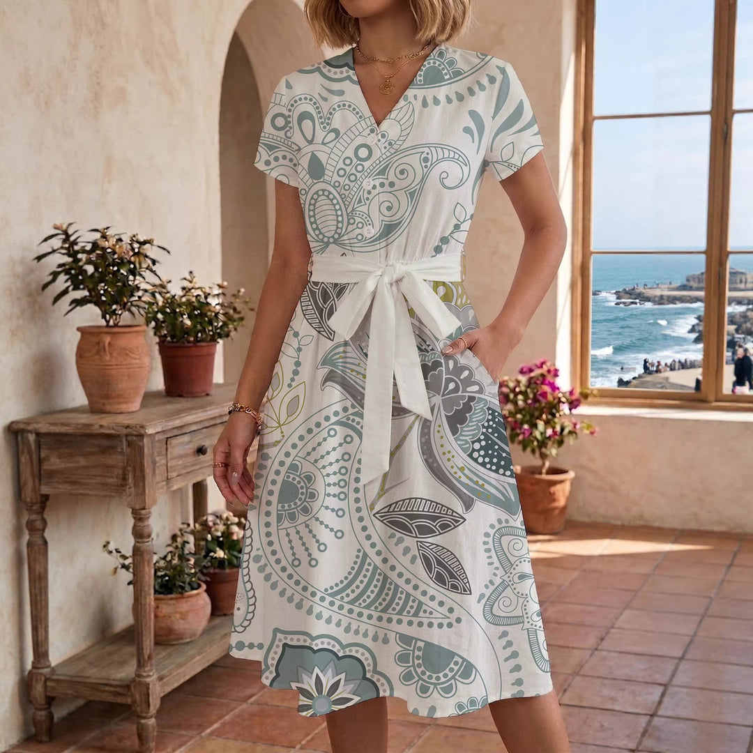 Damen Midikleid mit floralem Motiv und Taillengürtel EB