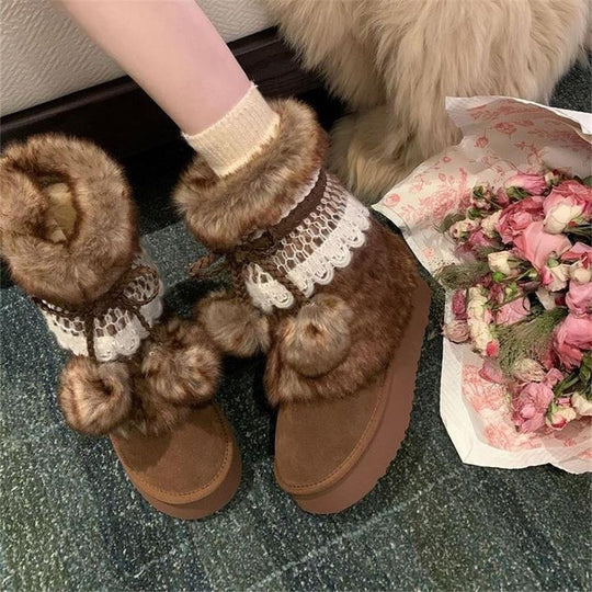 Damen Flauschige Winterboots mit dekorativem Kunstfell und praktischen Schnürdetails EB