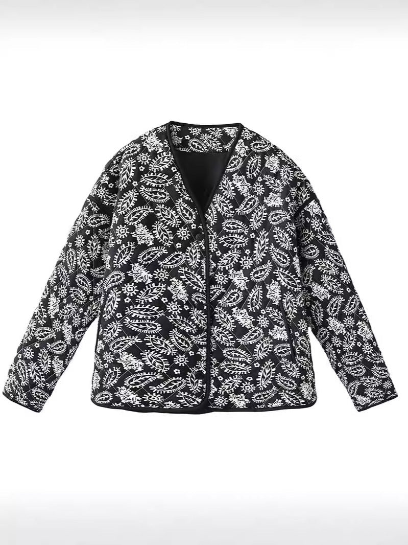 Damen gesteppte Herbstjacke mit einzigartigem floralen Muster und praktischen Taschen EB