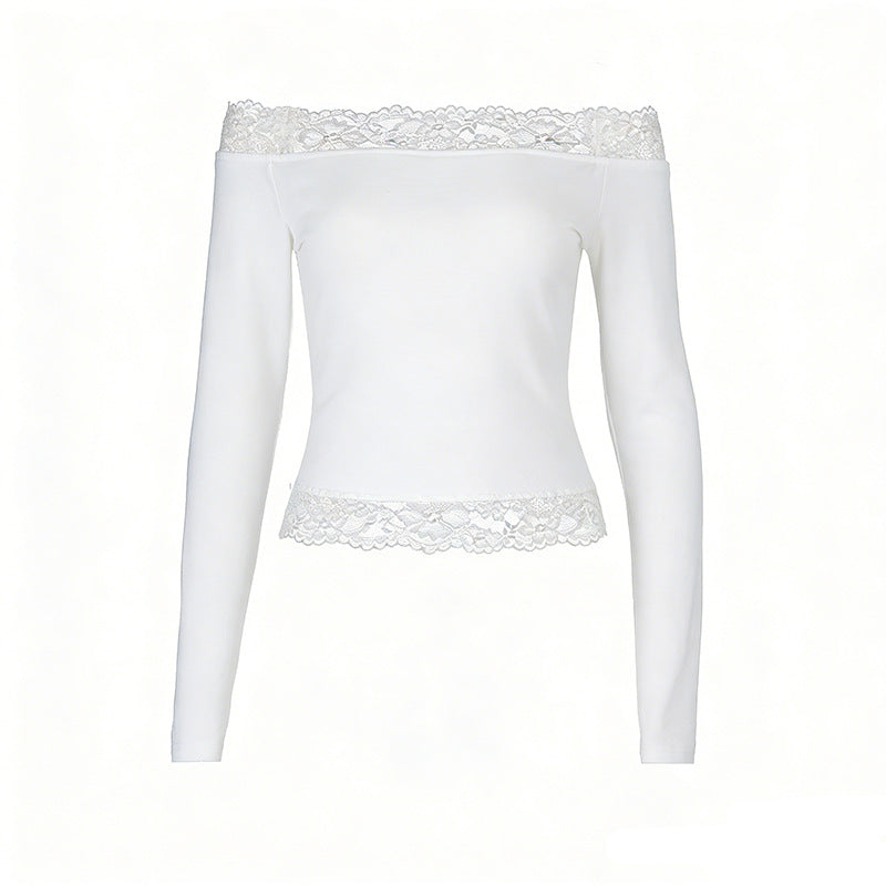 Damen elegantes Off-Shoulder Shirt mit Spitzenbesatz EB