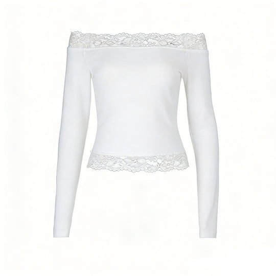 Damen elegantes Off-Shoulder Shirt mit Spitzenbesatz EB