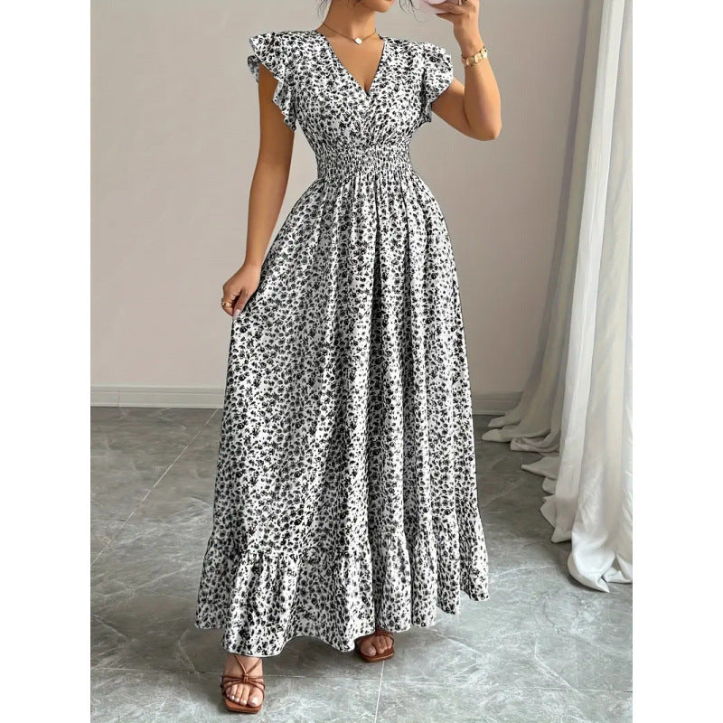 Damen Maxikleid mit floralem Rüschendesign und elastischem Taillenteil EB