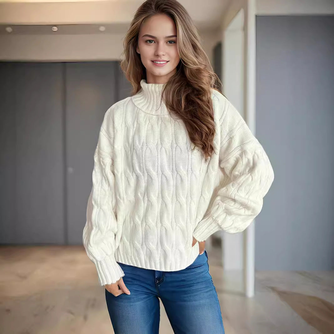 Damen Strickpullover mit hohem Kragen und strukturierter Zopfoptik EB
