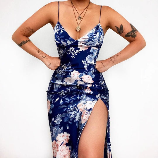 Damen Maxikleid mit tiefem V-Ausschnitt und elegantem Schlitz EB
