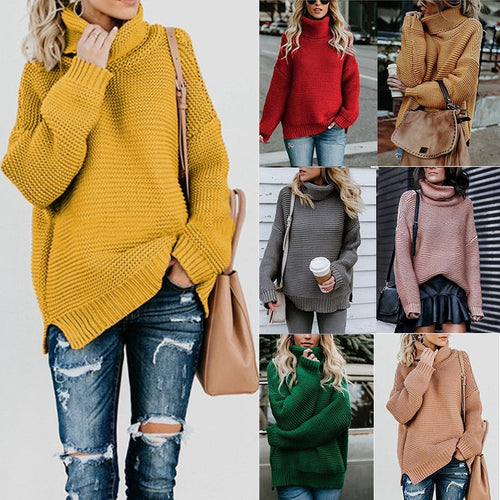 Damen Grobstrickpullover mit hohem Rollkragen und weiten Ärmeln EB