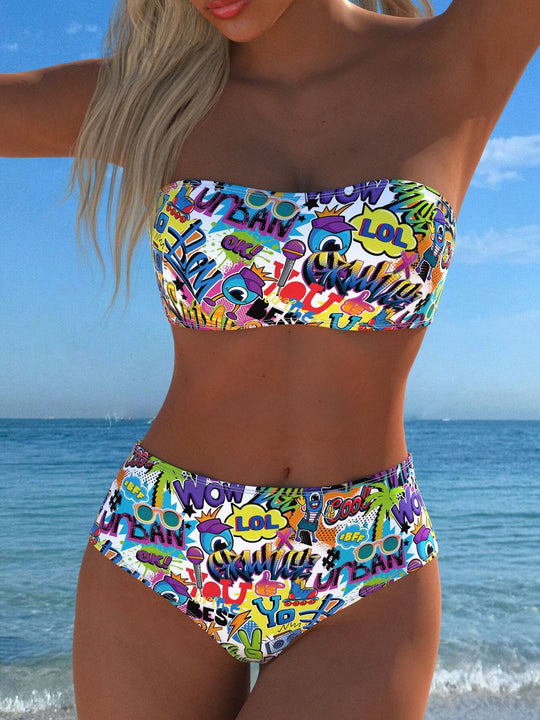 Damen Bikini-Set mit modernem Wickeldesign und lebhaftem Muster EB