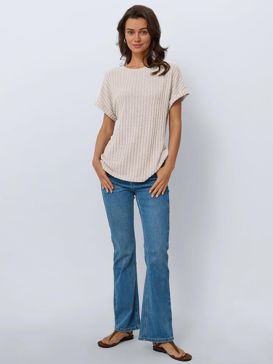 Damen lässiges T-Shirt im Ripp-Design mit umschlagenen Ärmeln EB