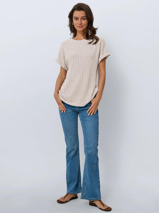 Damen lässiges T-Shirt im Ripp-Design mit umschlagenen Ärmeln EB