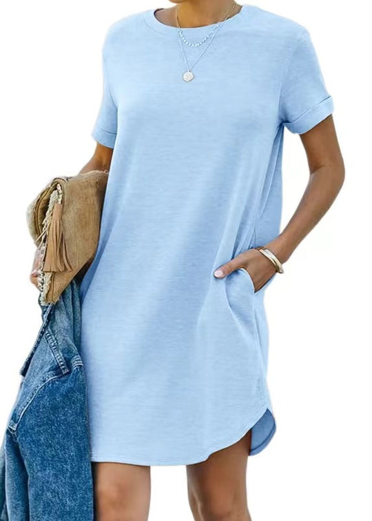 Damen lässiges Freizeitkleid mit Taschen und Rundhalsausschnitt EB
