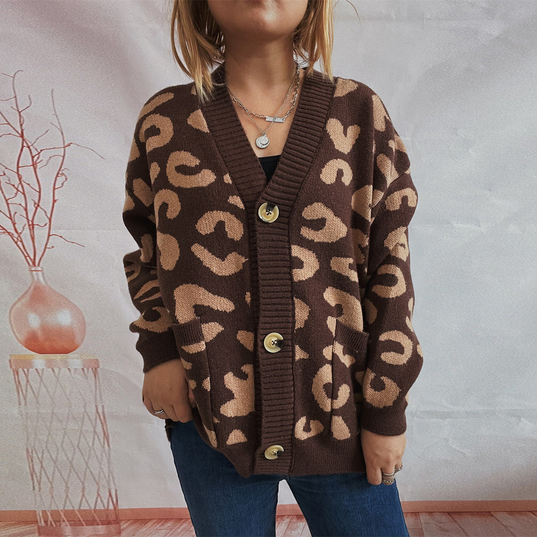 Damen grob gestrickte Cardigan mit tierischem Leopardenmuster und Knopfdetails EB