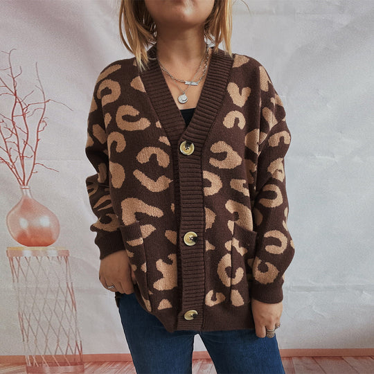Damen grob gestrickte Cardigan mit tierischem Leopardenmuster und Knopfdetails EB
