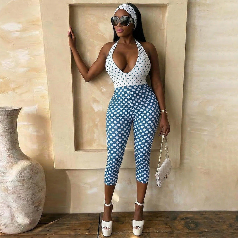 Damen Polka-Dot Jumpsuit mit tiefem V-Ausschnitt und elastischem Material EB