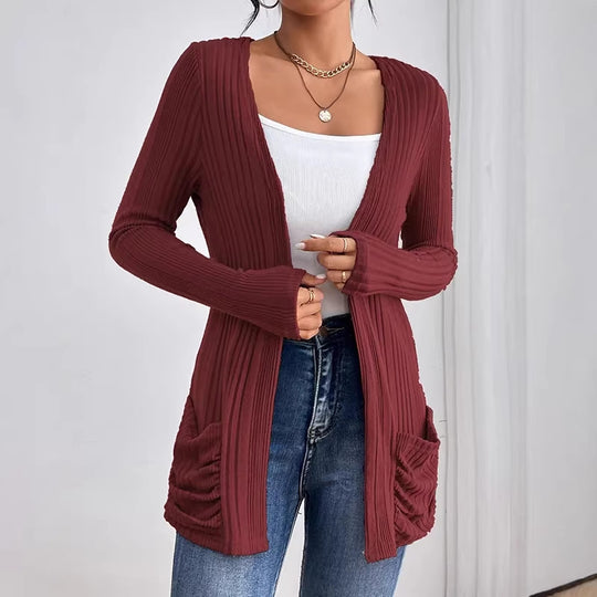 Damen Gerippter Langcardigan mit offener Front, Eingrifftaschen und legerer Passform EB