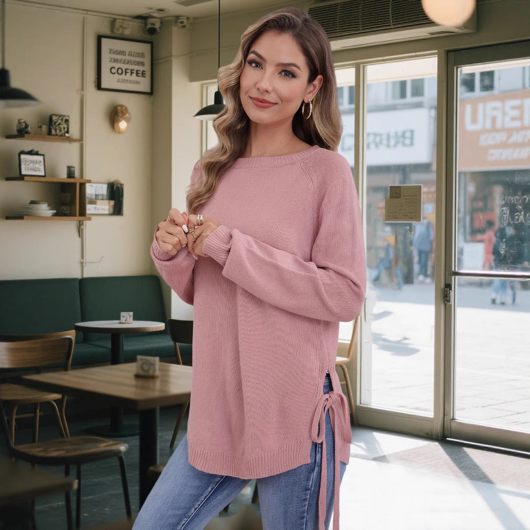 Damen modischer Pullover mit seitlichen Bindebändern EB