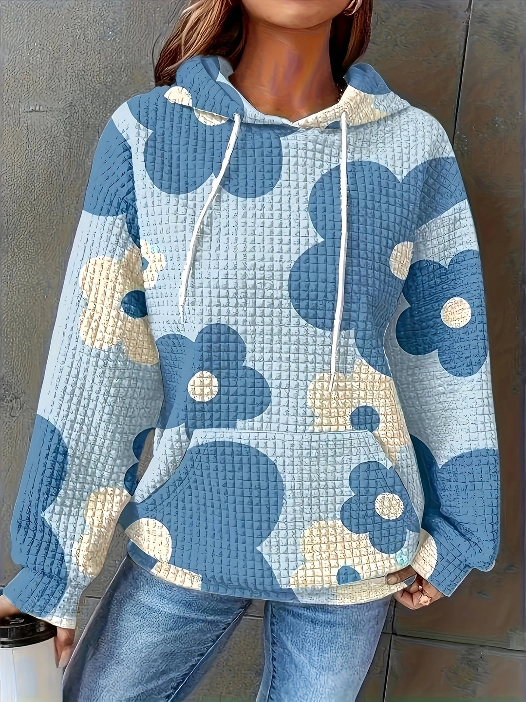 Damen Kapuzenpullover mit floralem Design und strukturiertem Stoff EB