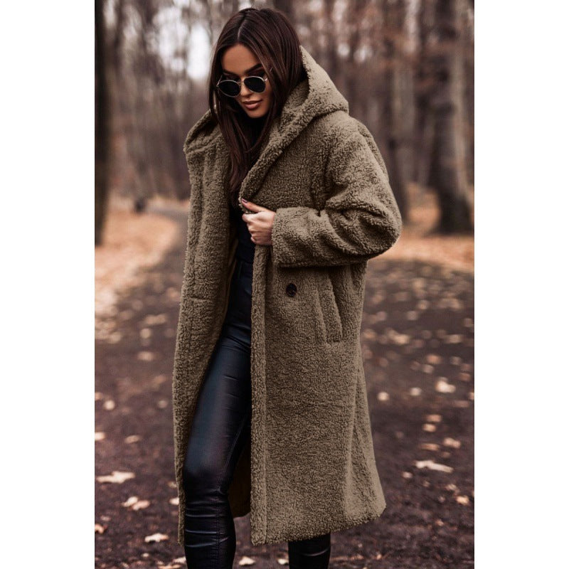 Damen kuscheliger Fleece-Mantel mit Kapuze und praktischen Taschen EB
