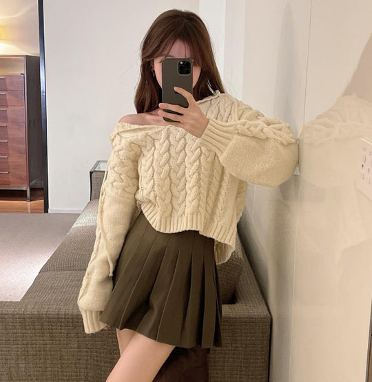 Damen Zopfmuster Pullover mit Kapuze und V-Ausschnitt EB