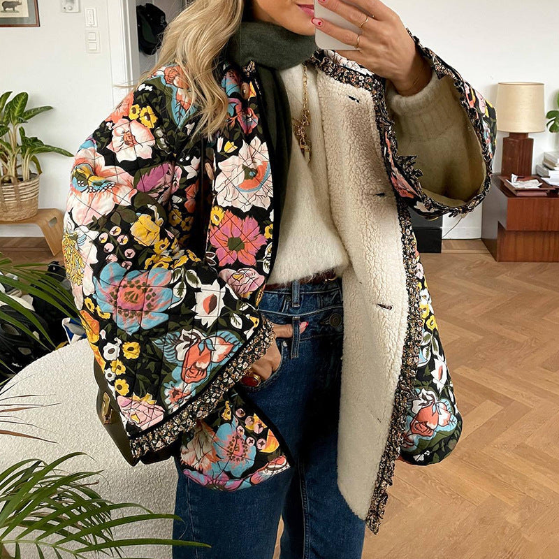 Damen Steppjacke mit floralem Design und weiten Ärmeln EB