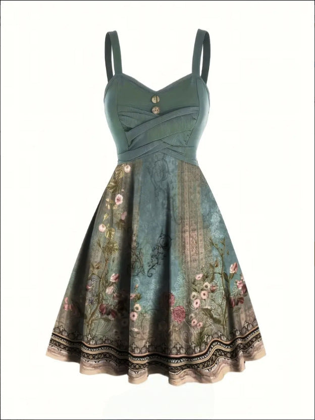 Damen A-Linien Kleid mit floralem Design und Zierknöpfen EB