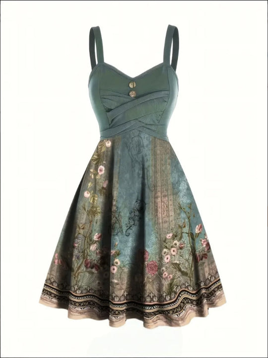 Damen A-Linien Kleid mit floralem Design und Zierknöpfen EB