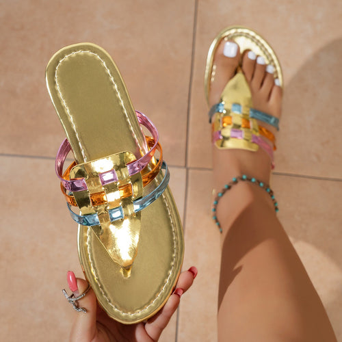 Damen modische Zehentrenner-Sandalen mit farbenfrohen, geflochtenen Riemen EB