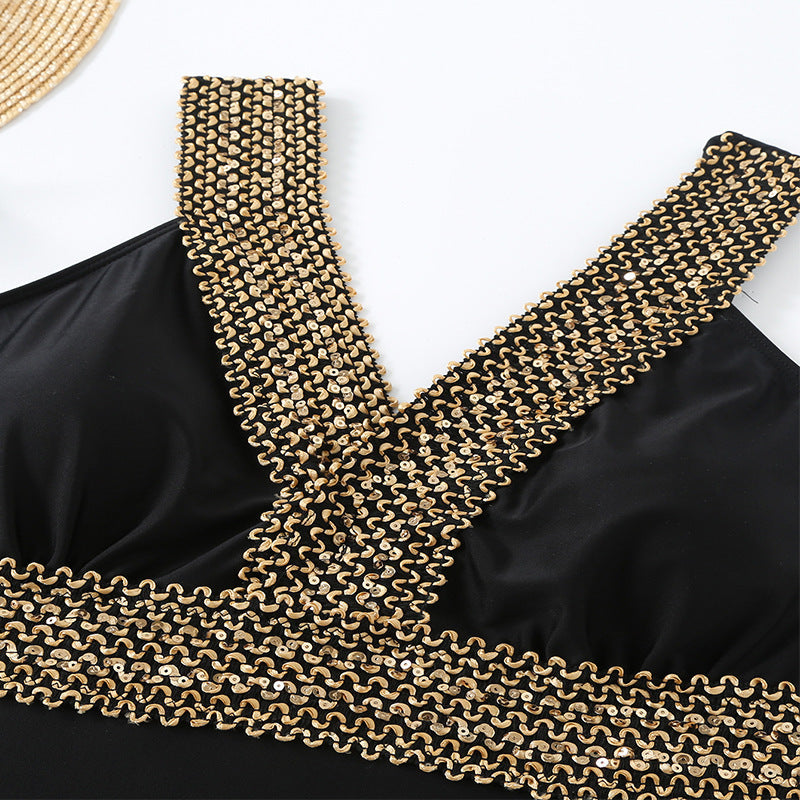 Damen eleganter Einteiler Badeanzug mit luxuriösem Goldakzent EB