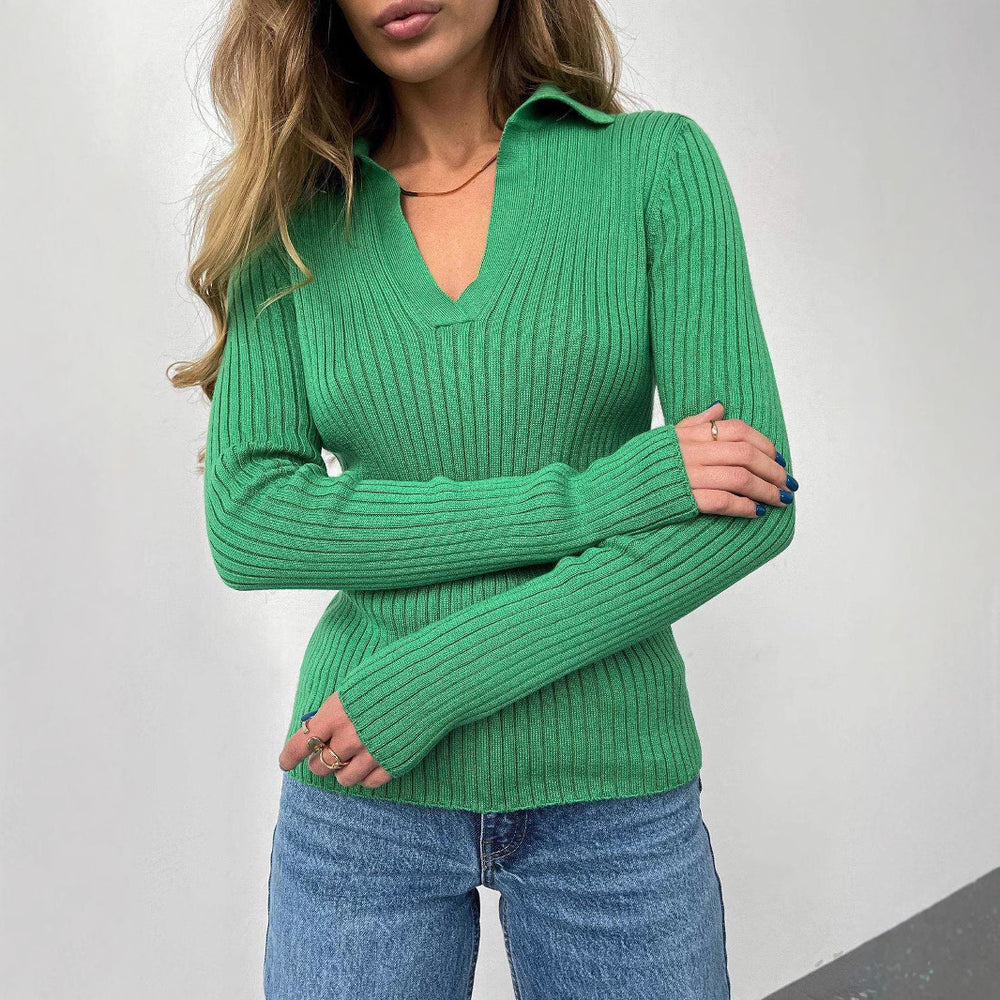 Damen Eleganter, gerippter Pullover mit tiefem V-Ausschnitt EB