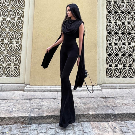 Damen Eleganter Jumpsuit mit Drapierung und weiter Beinführung EB