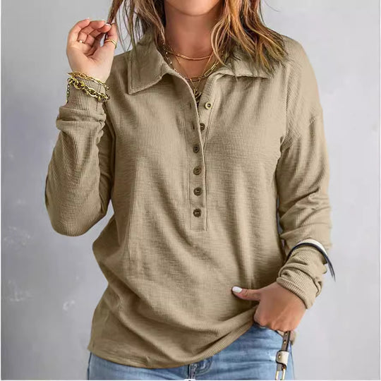 Damen Langarm-Bluse mit knöpfbarem Kragen und strukturiertem Stoff EB