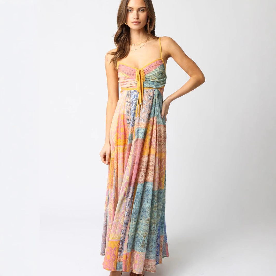 Damen nan bodenlanges Maxikleid mit gerafftem Bustier, Tunnelzug und Patchwork-Print EB