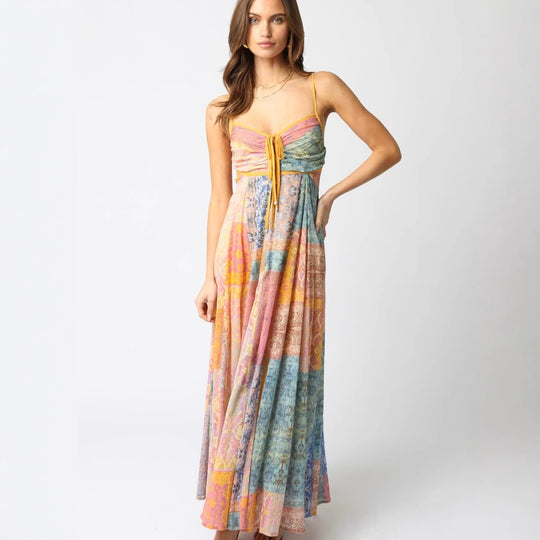 Damen nan bodenlanges Maxikleid mit gerafftem Bustier, Tunnelzug und Patchwork-Print EB