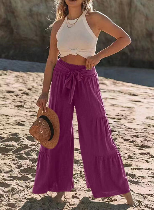 Damen luftige Palazzo-Hose mit elastischem Bund und praktischem Bindegürtel EB