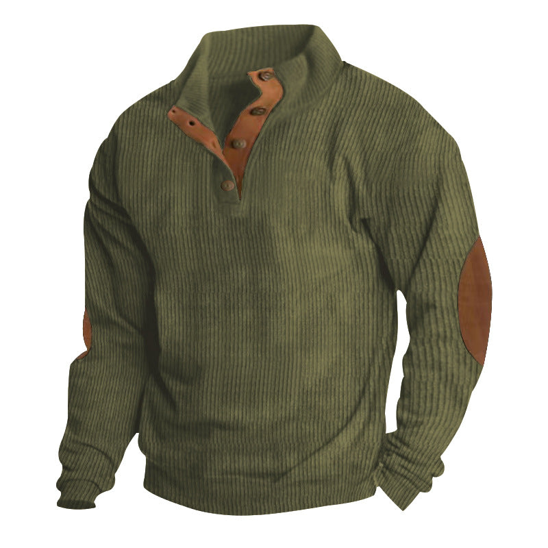 Herren nan gerippter Baumwollmix-Pullover mit Stehkragen, Knopfleiste und Lederoptik-Ellenbogenpatches EB