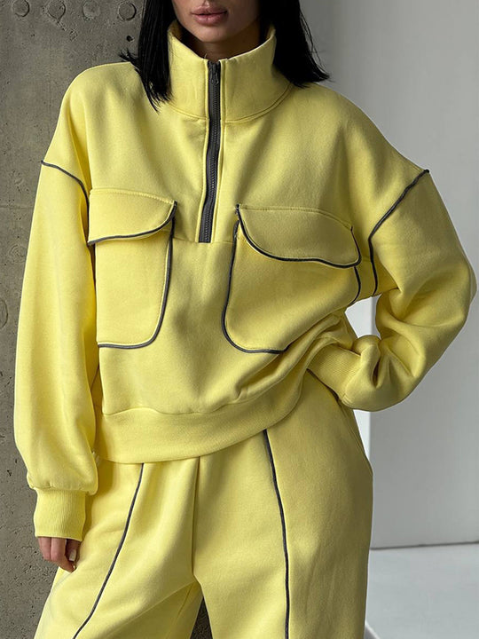 Damen nan Oversize Halbzip-Sweatshirt mit aufgesetzten Klappentaschen und Kontrastpaspeln EB