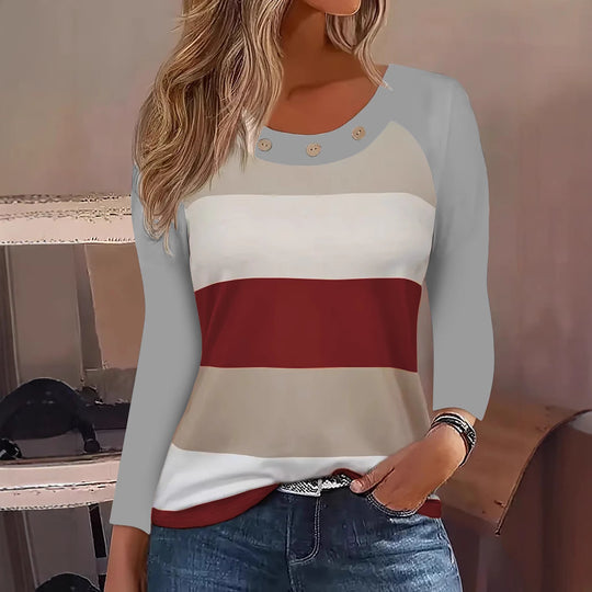 Damen Langarm T-Shirt mit modischem Streifenmuster und dekorativen Knöpfen EB