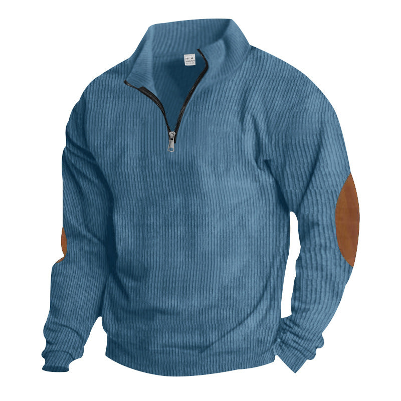 Herren nan gerippter Feinstrick-Pullover mit kurzem Reißverschluss Stehkragen und Lederoptik-Ellbogenpatches EB