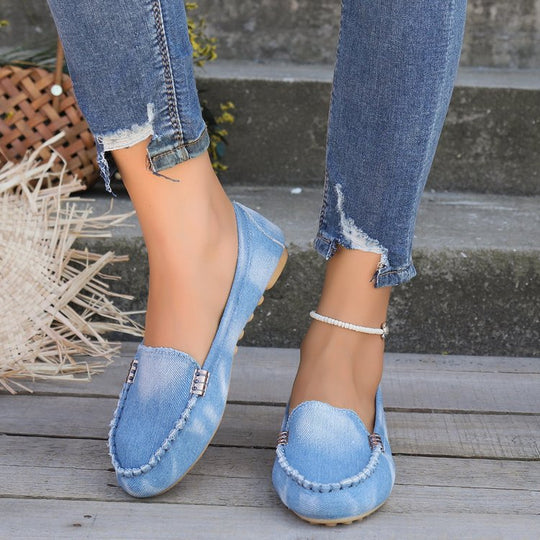 Damen nan lässige Denim-Mokassin-Slipper mit elastischem Einstieg und rutschfester Gummisohle EB